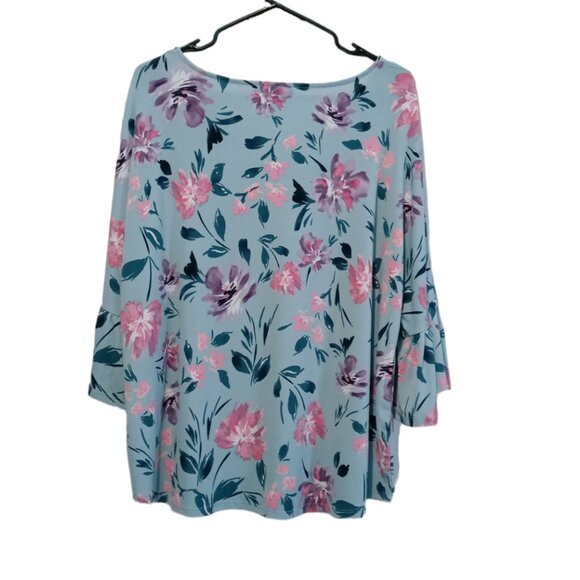 Roz & Ali Woman Azure Turquoise Floral 3/4 Bell Sleeve Blouse Size 2X - Picture 2 of 10